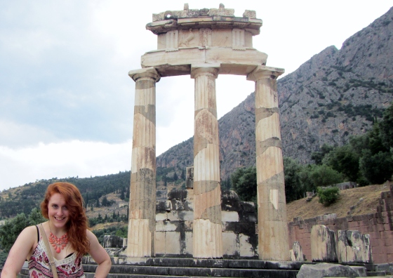 Me in Delphi before, after, and during the CHAOS (did I mention we were stuck in a huge rainstorm too?)