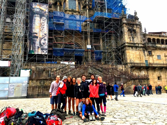 CAMINO FAMILY in front of the cathedral in Santiago (too bad it's under construction)